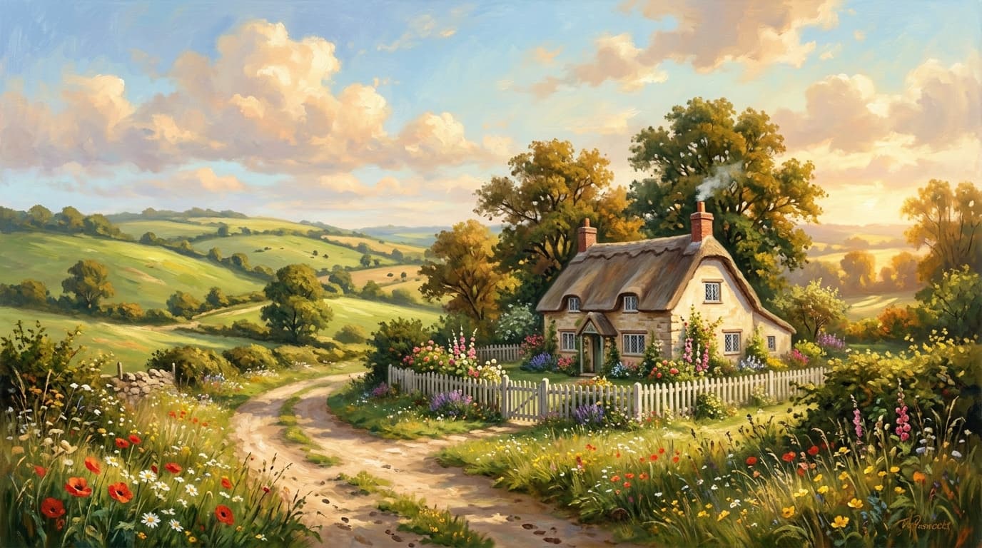 Peaceful countryside cottage painting with rolling green hills and wildflowers