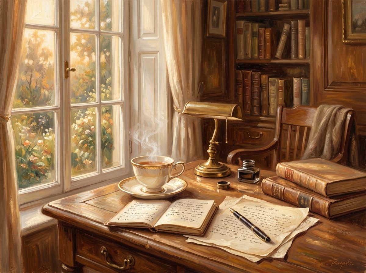 Cozy sunlit writer desk