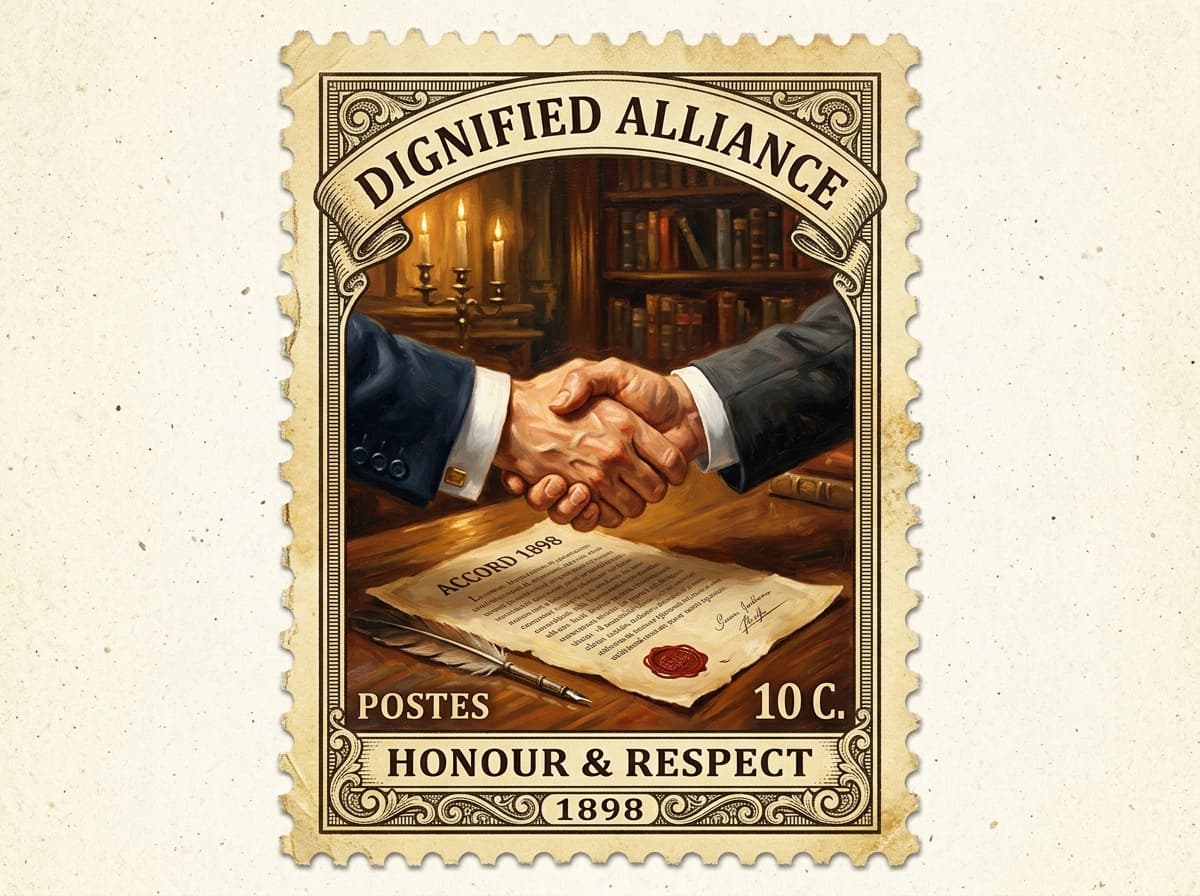 Vintage postage stamp with handshake contract